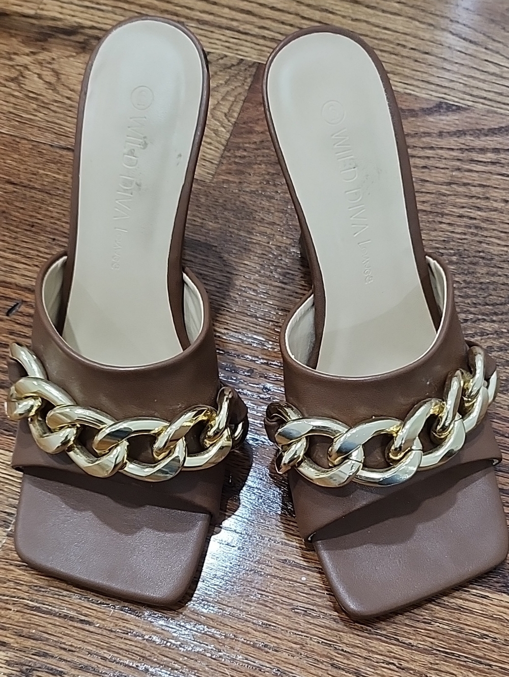 Wild Diva Brown Slide Mules with Gold Chain